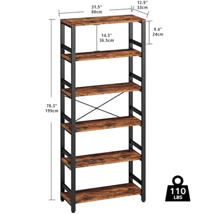Bookshelf, 31.5in Wide Shelf 6 Tier Bookcase, 110lbs/shelf Vintage Industrial Style Bookshelves for Bedroom, Living Room and Home Office, Vintage Brown