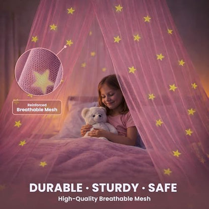 Pink Bed Canopy for Girls with Glowing Stars, Premium Canopy Bed, Fits Single, view 5