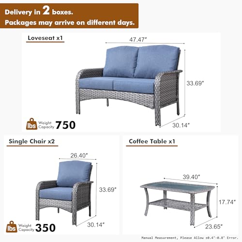 Patio Furniture Set,4 Pieces Outdoor Conversation Set,All Weather Wicker Loveseat Sofa Set with High Back Chairs Table,Denim Blue