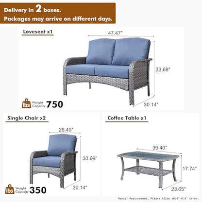 Patio Furniture Set,4 Pieces Outdoor Conversation Set,All Weather Wicker Loveseat Sofa Set with High Back Chairs Table,Denim Blue