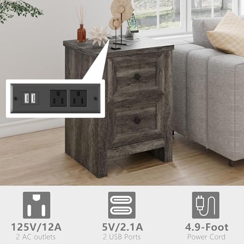 5-Piece Farmhouse Bedroom Set, 1 X Queen Size Bed Frame, 1 X 5 Drawer Dresser, 1 X Wood Rustic 6 Drawer Storage Dresser, Nightstand Set of 2 with Charging Station, Bedroom Furniture Set, Grey
