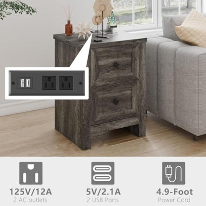5-Piece Farmhouse Bedroom Set, 1 X Queen Size Bed Frame, 1 X 5 Drawer Dresser, 1 X Wood Rustic 6 Drawer Storage Dresser, Nightstand Set of 2 with Charging Station, Bedroom Furniture Set, Grey
