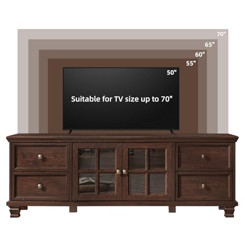 Farmhouse TV Stands for Living Room, Brown Entertainment Center with Storage, Wood TV Console with 4 Drawers, Rustic TV Cabinet for 65 inch TV, Walnut