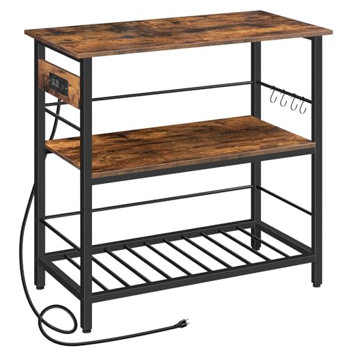 Kitchen Island with Storage, Kitchen Island Table with Power Outlet, 35.4" L 3 Tier Coffee Station and Microwave Stand, for Home, Dining Room, Rustic Brown and Black BF021ZD01