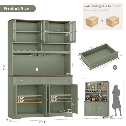 75"H Kitchen Pantry Storage Cabinet, Kitchen Hutch Cabinet, Green, view 5
