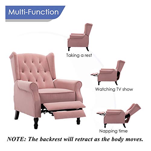 Velvet Tufted Push Back Arm Accent Chair Recliner Single Reclining for Adjustable Club Chair Home Padded Seating Living Room Lounge Modern Sofa,Pink