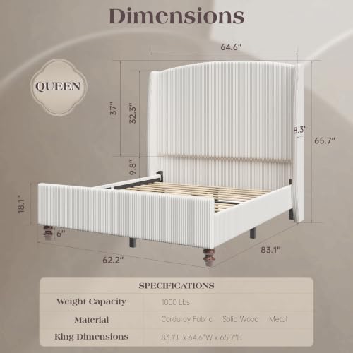 Queen Size Upholstered Platform Bed Frame with 66" Tall Headboard, Cream, view 4