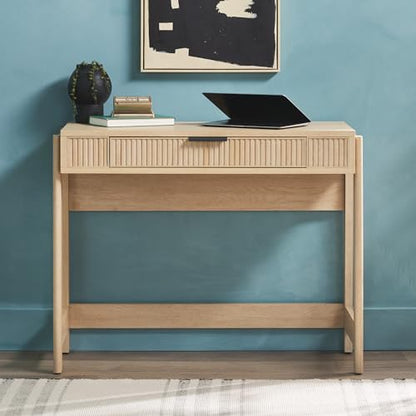 Transitional Style Furniture, Reeded Detail, Lift-Top Desk with Drawer and Storage Cubby, Sitting to Standing Desk, Soft Self-Close Desktop, 38 Inch, Coastal Oak