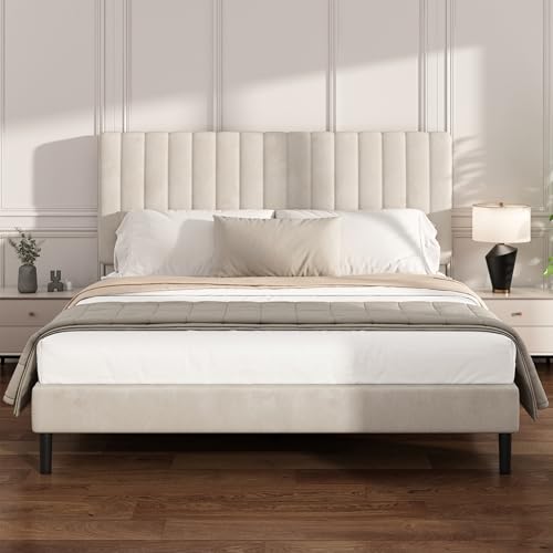 Queen Velvet Bed Frame with Vertical Channel Tufted Headboard Beige, view 2
