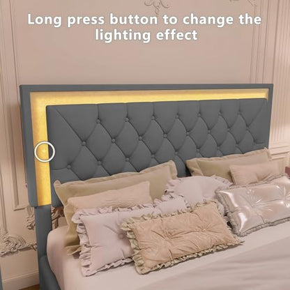 Bedroom Sets, 3-Pieces Bedroom Sets, Queen Size Upholstered Platform Bed with LED Lights and 2 Nightstands, Gray