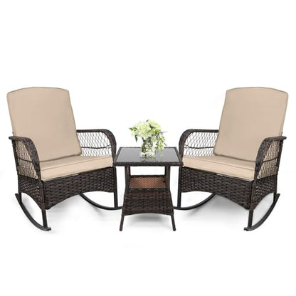 3 pcs Rocking Bistro Set Conversation Chairs PE Wicker Outdoor Rocking Chairs & Glass Table,for Porch Lawn Garden Backyard Deck(Rocking Set,Khaki)