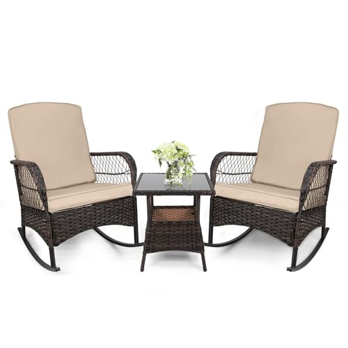 3 pcs Rocking Bistro Set Conversation Chairs PE Wicker Outdoor Rocking Chairs & Glass Table,for Porch Lawn Garden Backyard Deck(Rocking Set,Khaki)