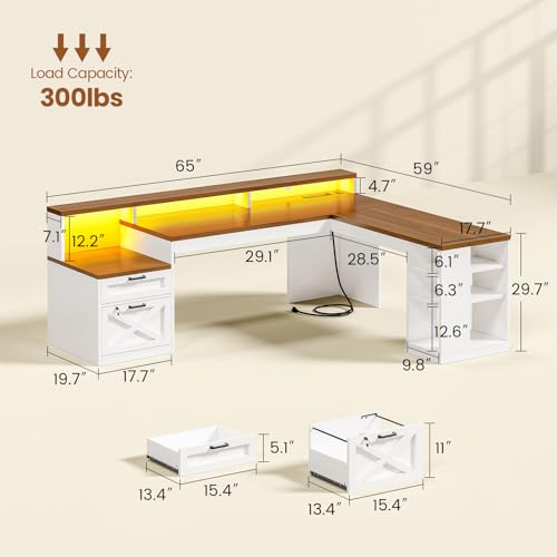 L Shaped Desk with 2 Drawers, 65"x 59" Large Home Office Desk with Lockable File Drawer & Power Strip, Corner Desk with Storage & LED Strip, White + Brown