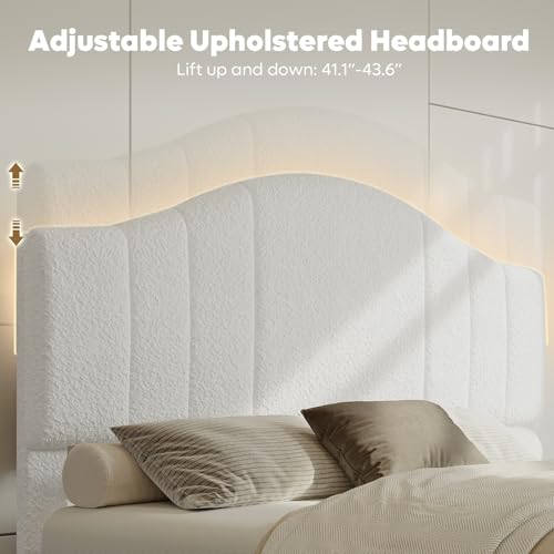 Queen Upholstered Bed Frame, Arc LED Headboard, White Fabric, view 4