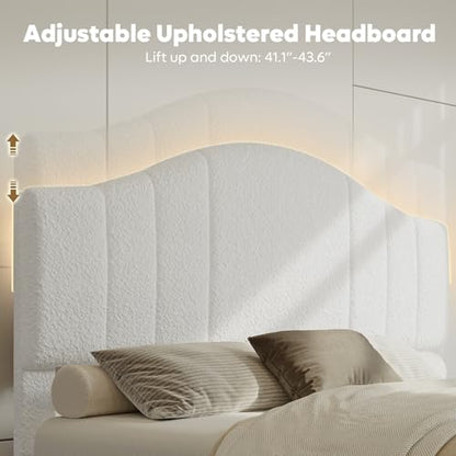 Queen Upholstered Bed Frame, Arc LED Headboard, White Fabric, view 4