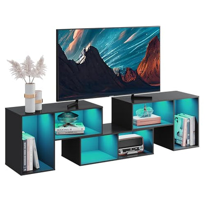TV Stand, Deformable TV Stand with LED Strip, Modern Entertainment Center, Gaming Media 3 Pieces Console Cabinet for Living Room, Bedroom, Black