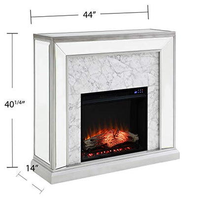 Trandling Mirrored Touch Screen Electric Fireplace with Faux Marble - Transitional Design, Grey Glass and Wood - Ideal for Living Room, Bedroom (FR1027359)