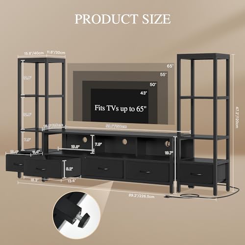 89.2" TV Stand, 5 Drawers & 2 Side Bookshelves, Black, view 3
