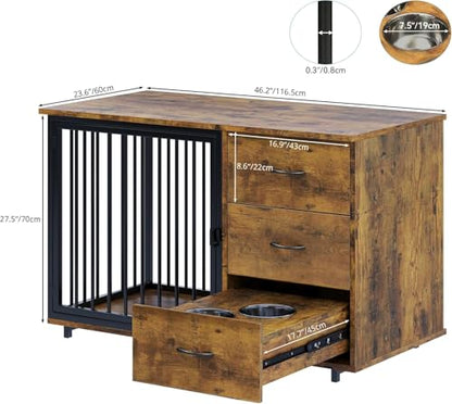 46" Dog Crate Furniture with Hidden Dog Feeders & 2 Drawers, view 3