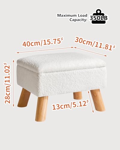 Storage Ottoman, Small Foot Stool Ottoman with Storage, White HBD042W | Teddy Velvet, Sturdy Wood Legs, For Living Room Bedroom Couch Entryway