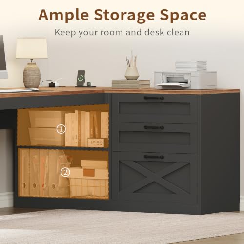 Farmhouse L Shaped Computer Desk with Drawers, Power Outlet for Home Office, view 7