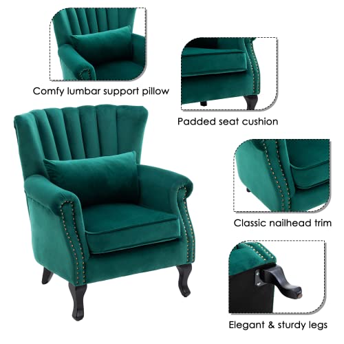 Mid-Century Modern Accent Chair Comfy Single Sofa Chair Channel Back Armchair with Small Pillow for Living Roon Bedroom Club - Velvet, Green