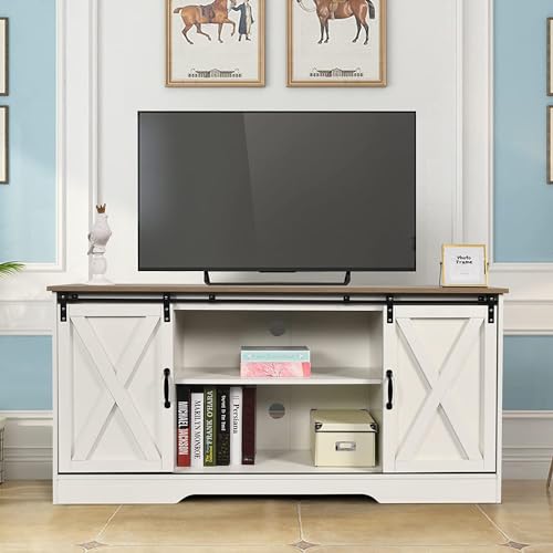TV Stand for 65 Inch TV for Living Room, Modern Farmhouse Barn Door TV Stand with Storage Cabinets and Adjustable Shelves for Bedroom, Media Entertainment Center TV Console Table, White