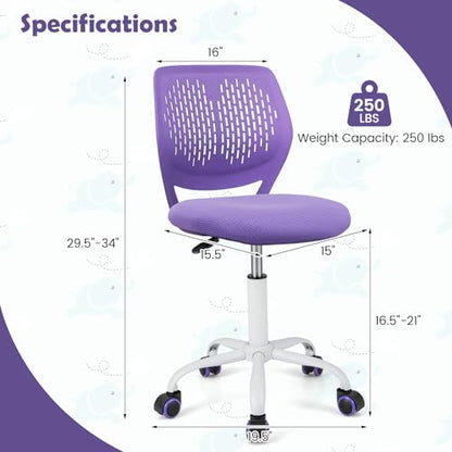 Desk Chair for Teen, Kids Armless Swivel Small Cute Low-Back Mesh Office Chair Comfy with Adjustable Height, Lumbar Support, Ergonomic Computer Study Chair in Home Bedroom School, Purple