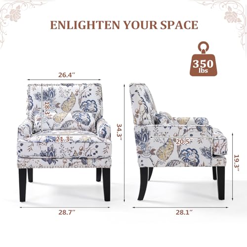 Floral Accent Chair Set of 2 with Lumbar Pillow,Upholstered Wingback Reading Armchair with Nailhead Trim, Mid-Century Single Sofa Chair for Living Room, Bedroom, Blue Floral