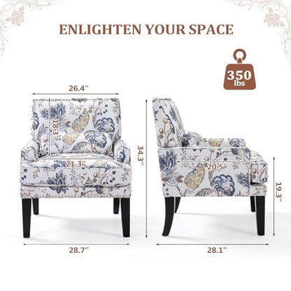 Floral Accent Chair Set of 2 with Lumbar Pillow,Upholstered Wingback Reading Armchair with Nailhead Trim, Mid-Century Single Sofa Chair for Living Room, Bedroom, Blue Floral