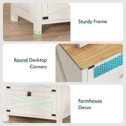 Farmhouse Night Stand for Bedroom, Rustic Vintage White Nightstand with Charging Station and LED Lights, Bedside Table with 3 Drawers, Retro Side End Table with Storage