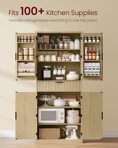 VASAGLE MAXE Collection - Pantry Cabinet, 70.6-Inch Tall Storage Cabinet with Drawer, 6 Adjustable Shelves, 2 Cabinets, Fluted Doors, Mid Century Modern, for Kitchen Living Room, Oak Beige UBBK365Y01