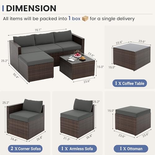 5 Piece L Shaped Outdoor Couch, Small Space Patio Furniture Set,Grey | Outdoor Sectional Sofa, All-Weather Wicker, Includes Ottoman & Glass Table, for Deck Balcony Porch Backyard