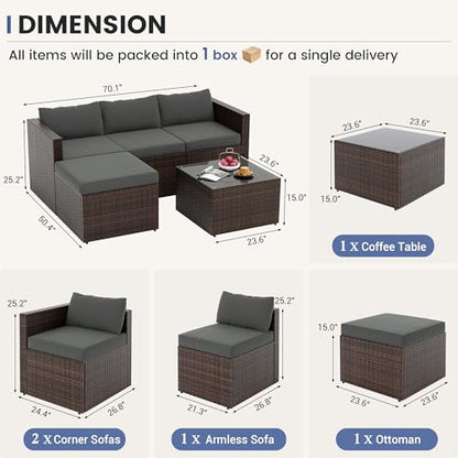 5 Piece L Shaped Outdoor Couch, Small Space Patio Furniture Set,Grey | Outdoor Sectional Sofa, All-Weather Wicker, Includes Ottoman & Glass Table, for Deck Balcony Porch Backyard