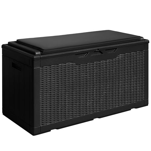 100 Gallon Waterproof Large Resin Deck Box Outdoor Storage Box Indoor Lockable Storage Container with Cushion for Patio Furniture Garden Pool Cushions (Black)