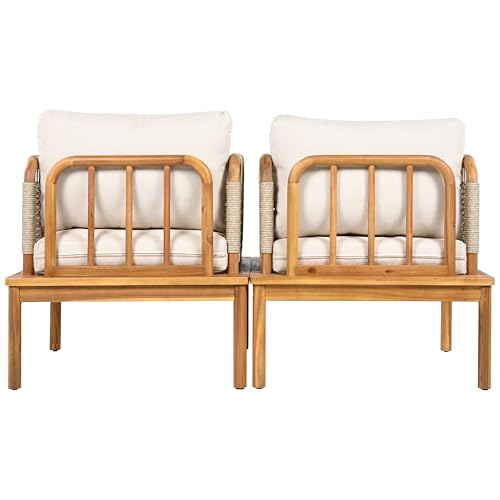 Coby Acacia Wood Patio Accent Chair Set of 2, Acacia Wood Outdoor Club Chair with Cushion, Patio Furniture Set, Teak+Beige