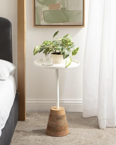 Tira Scandinavian Round Side Table, 14 x 24, White and Natural Wood, Modern Circle End Table for Use as Bedroom Nightstand or Living Room Pedestal Table