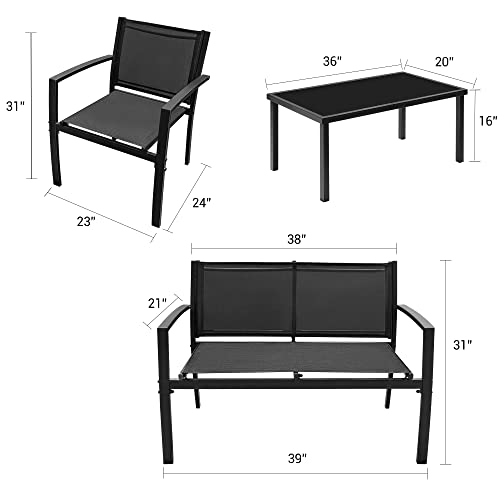 4 Pieces Outdoor Patio Furniture Textilene Modern Conversation Black Bistro Set with Loveseat Tea Table for Home, Lawn and Balcony