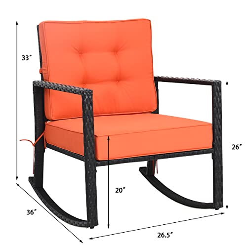 Wicker Rocking Chair, Outdoor Rattan Rocker Chair with Heavy-Duty Steel Frame, Patio Furniture Seat with 5” Thick Cushion for Garden, Porch, Backyard, Poolside (1, Orange)