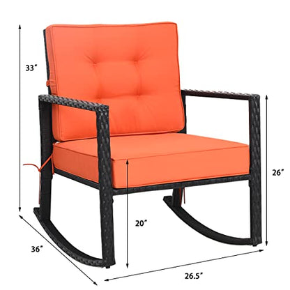 Wicker Rocking Chair, Outdoor Rattan Rocker Chair with Heavy-Duty Steel Frame, Patio Furniture Seat with 5” Thick Cushion for Garden, Porch, Backyard, Poolside (1, Orange)