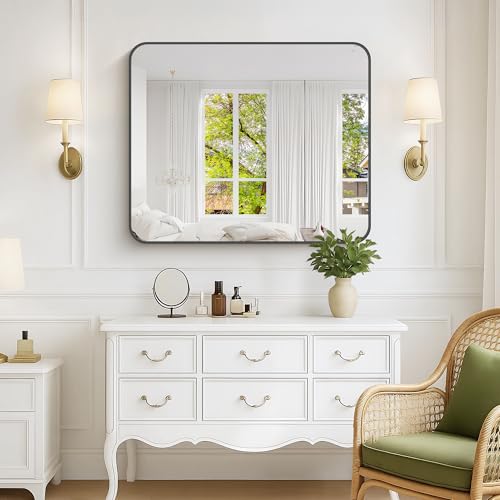 30x36 Inch Rectangle Bathroom Mirror with Black Metal Frame,Modern Design of Wall Mounted Upgraded Shatterproof Glass, Rounded Corners for Bedroom, Living Room, Entryway
