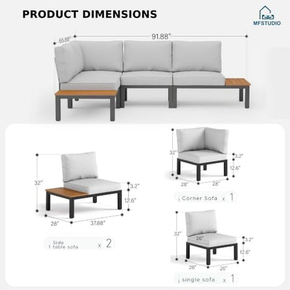4 Pieces Outdoor Sectional with Cushion, Metal L-Shaped Outdoor Patio Furniture Set with Side Table, Modular Patio Conversation Set, Modern Backyard Furniture for Deck,Garden