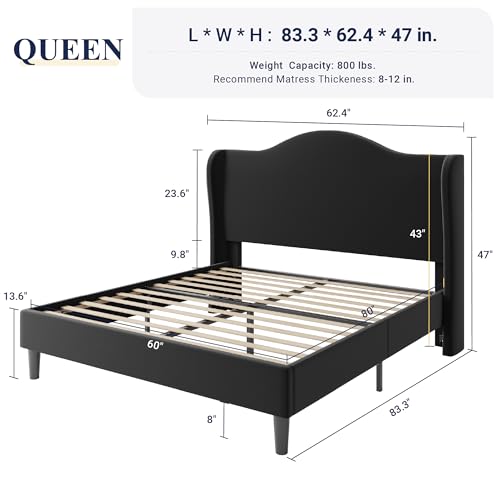 Queen Size Bed Frame, Plush Velvet Wingback, Modern Style, Black, view 3