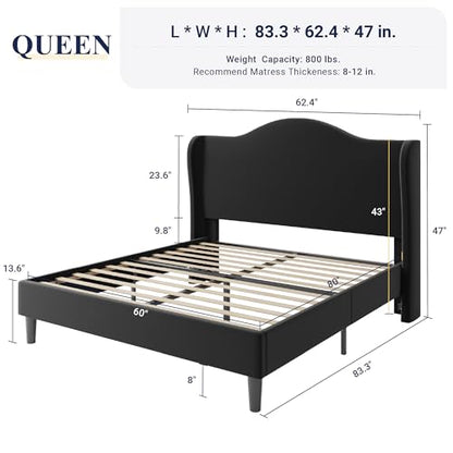 Queen Size Bed Frame, Plush Velvet Wingback, Modern Style, Black, view 3