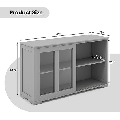 Buffet Sideboard with Storage, 2-Door Floor Cupboard | Sliding Tempered Glass Cabinet & Adjustable Shelf, Stackable Storage Cabinet for Kitchen, Entryway (Gray)