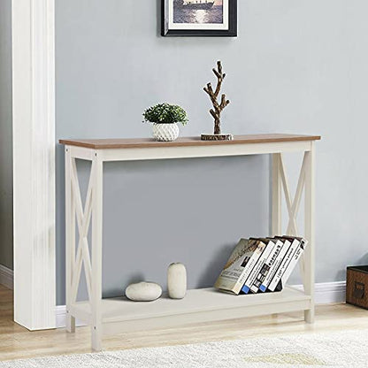 Farmhouse Console Table with Storage Shelf, 2 Tier Sofa Table for Entryway, Hallway, Living Room, Ivory