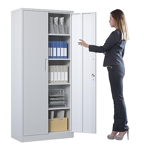 Metal Storage Cabinet with Adjustable Shelves, Garage Tool Cabinet with 2 Lockable Doors for Office, Home, Garage, Require Assembly, White