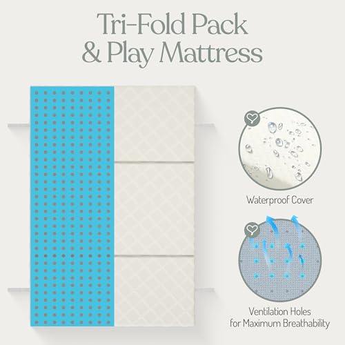 Trifold Pack and Play Mattress - Waterproof Washable Removable Cover | Fits Most Play Pens & Pack n Plays – Mattress Size 38 x 26 x 1 – Exceeds All CPSC Testing - CertiPUR + OKEO-TEX Certified