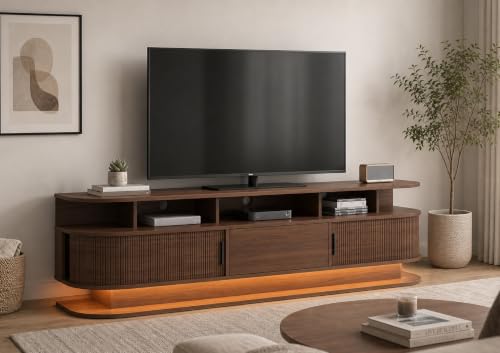 68” Fluted Mid Century Modern TV Stand LED Lights & Power Outlet (Walnut), view 2
