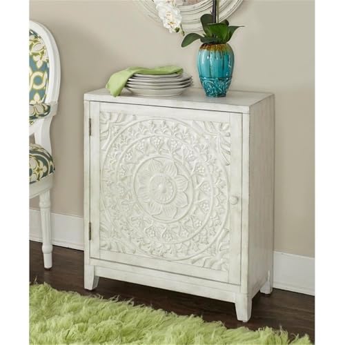 1-Door Wood Storage Accent Cabinet, 29.25 in H x 25.5 in W x 11.5 in D, MDF and Resin Construction, Smokey Antique Off White Finish, Fixed Shelf, Transitional Slimline Design for Home